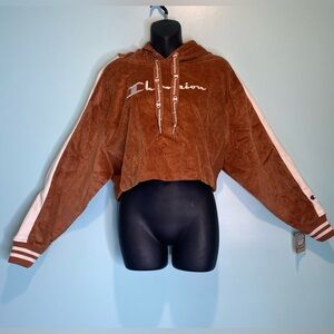 Champion Reverse Weave Women’s Cropped Hooded Jacket Medium Brown Corduroy NWT